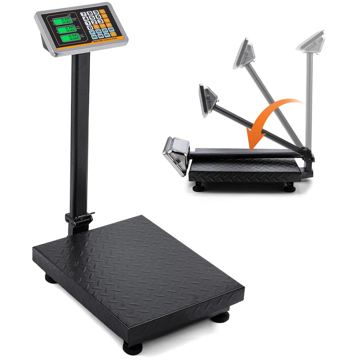 Bonvoisin Digitale Industriewaage Plattformwaage 300kg/ 0.1kg, Schwere Bodenwaage& Paketwaage mit KG/LB-Umschaltung, Wiegefläche 45x40cm, LCD-Display, Rollen & verstellbare Füße, Netz-/Batteriebetrieb
