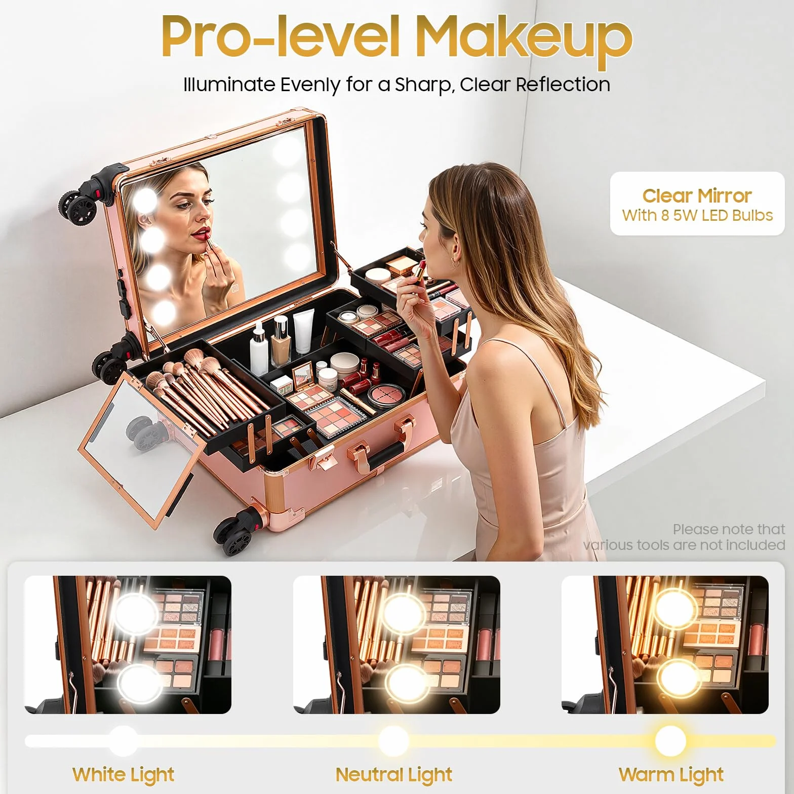 Kosmetikkoffer Trolley, 52x40x133cm Schminkkoffer Schminkstation Make Up Koffer mit LED Beleuchtung Spiegel verstellbaren Beinen 4 Rollen 360° drehbar 50kg Abschließbar für Friseure Visagisten Reise S
