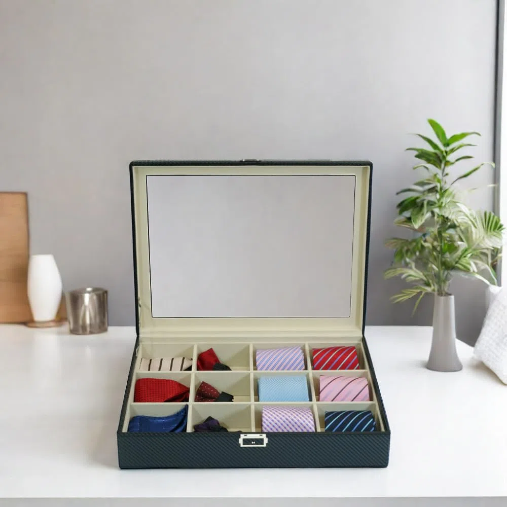 TIMELYBUYS Aufbewahrungsbox für Krawatten, für 12 Krawatten, Gürtel und Herrenzubehör, schwarze Kohlefaser, Aufbewahrungsbox zum Vatertag