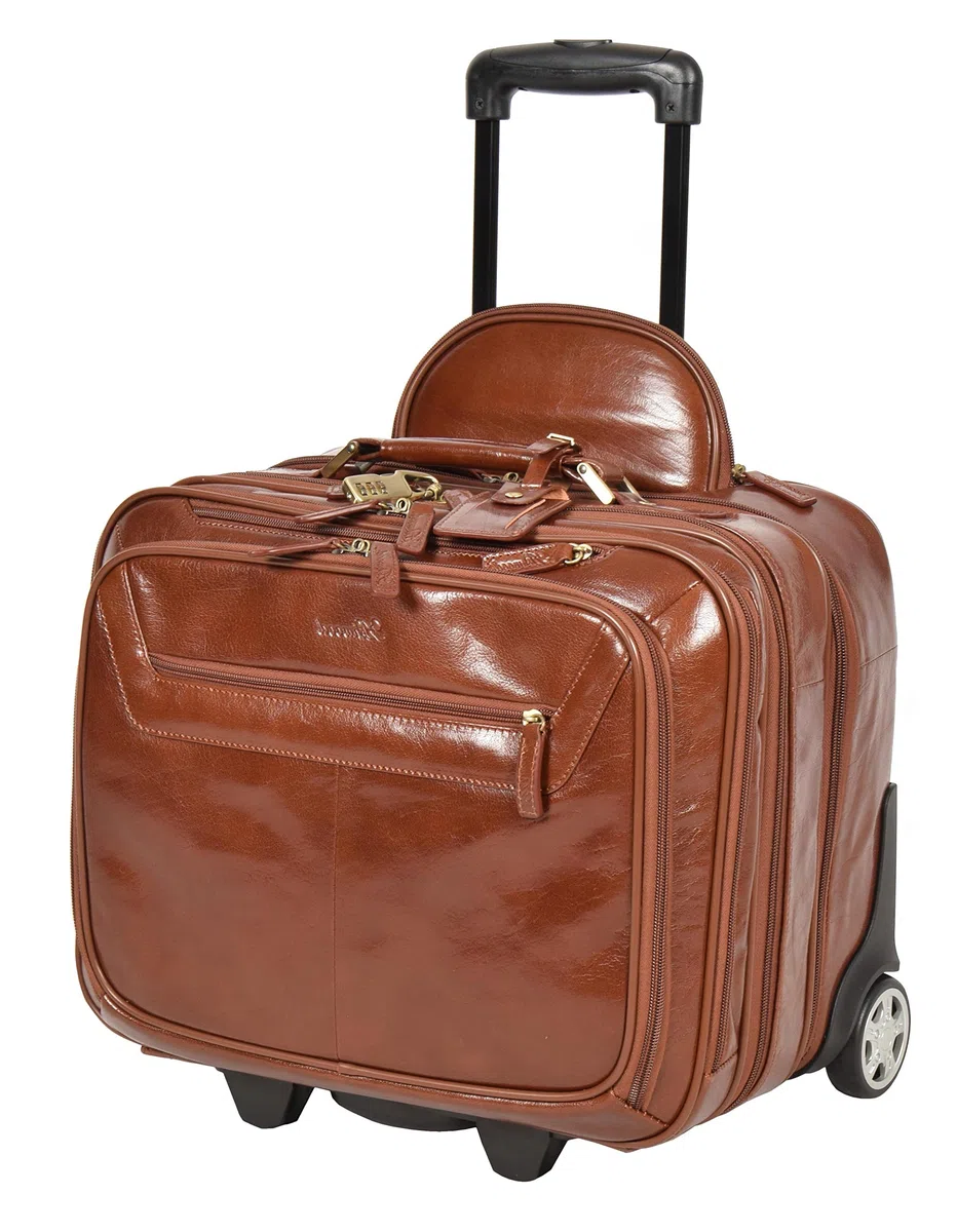 Echtes Leder Pilotenkoffer auf Räder Flug Arbeit Laptop Trolley Kabine Tasche HLG891 Kastanie