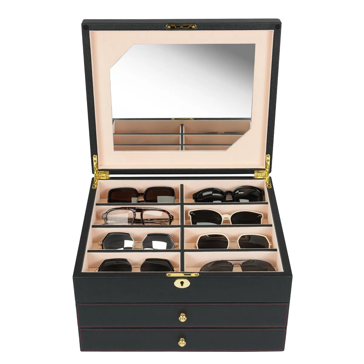 Luxuriöses Sonnenbrillenetui, 3-lagig, 24 Schlitze, Brillen-Organizer, Brillenaufbewahrungsbox für Damen und Herren, PU-Leder mit Spiegel (schwarzes PU)