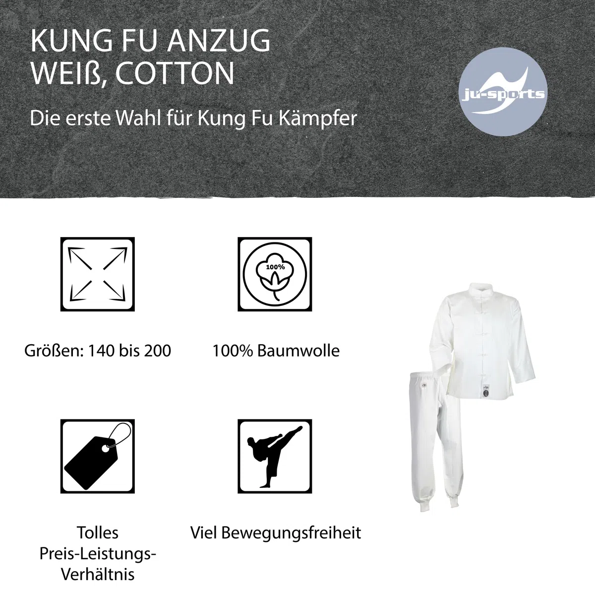 Ju-Sports Kung Fu Anzug Weiß, Cotton I Solider Kampfanzug im klassischen Schnitt I Mit Kordelknöpfen & Bündchenhose mit Elasikbund I 100% Baumwolle