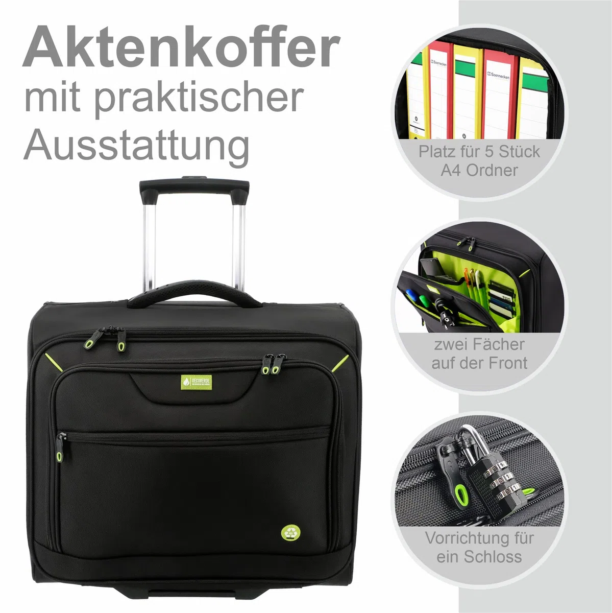 Aktenkoffer mit Rollen – XL Aktenkoffer Trolley aus recyceltem Polyester (rPET) für 5 A4 Aktenordner, Pilotenkoffer Business, schwarz