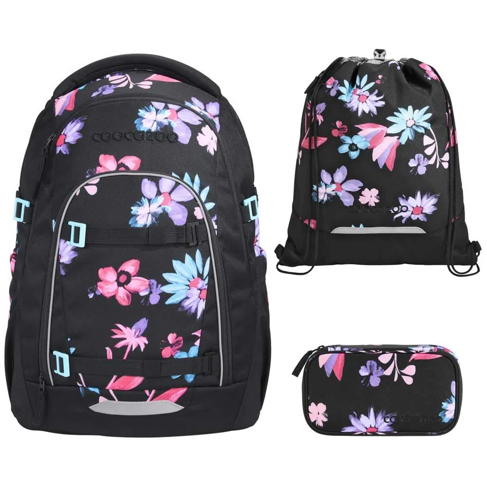 coocazoo MATE Schulranzen-Set 3tlg für Mädchen und Jungen ab der 4. Klasse mit Rucksack. Schlamperetui und Sportbeutel (Floral Artnight V2)