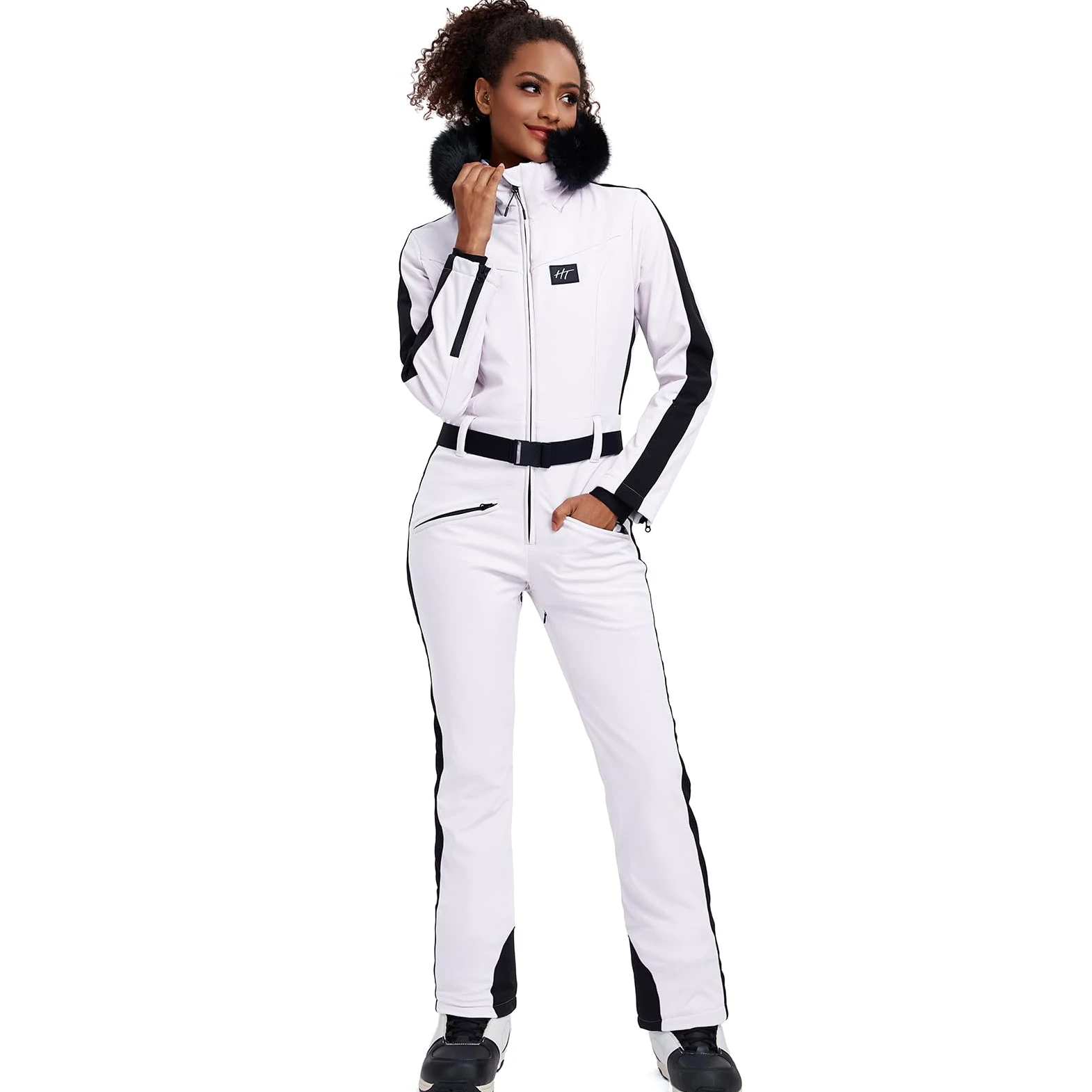 HOTIAN Damen Skianzug Einteiler Skioverall Winter Warme Damen Schneeanzug Wasserdicht Winddicht skibekleidung Schneeoverall Jumpsuit Mit Kapuze White S