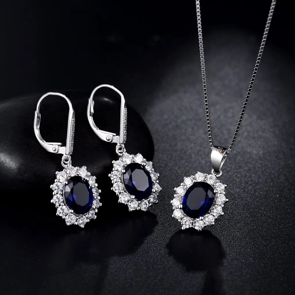 MASOP Silber Damen Schmuck Set, 925 Sterling Silber Saphir Schmuckset, Silber Blau Halskette und Ohrringe Set, Oval Anhänger mit 45 cm Damen Halskette & Ohrhänger, Prinzessin Diana Luxus Schmuck