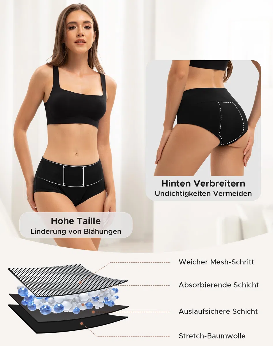 INNERSY Periodenunterschwäsche Starke Blutung High Waist Menstruationsunterwäsche Baumwolle 3er Pack