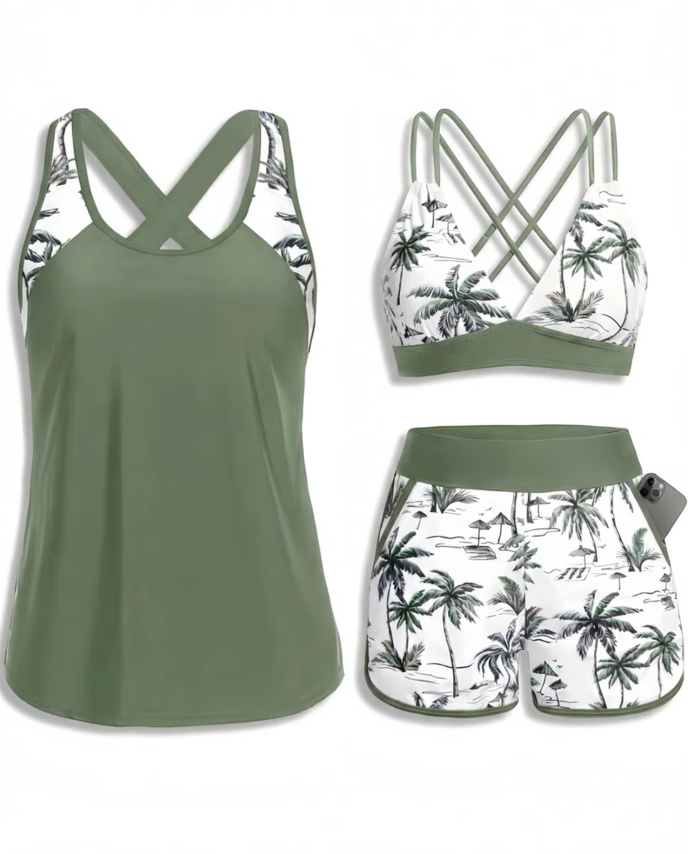 Daci 3-teiliger Tankini-Badeanzug für Damen, Bauchweg-Tanktop mit BH, bescheidener Badeanzug mit Taschen, Boyshorts, Unterteil 2025