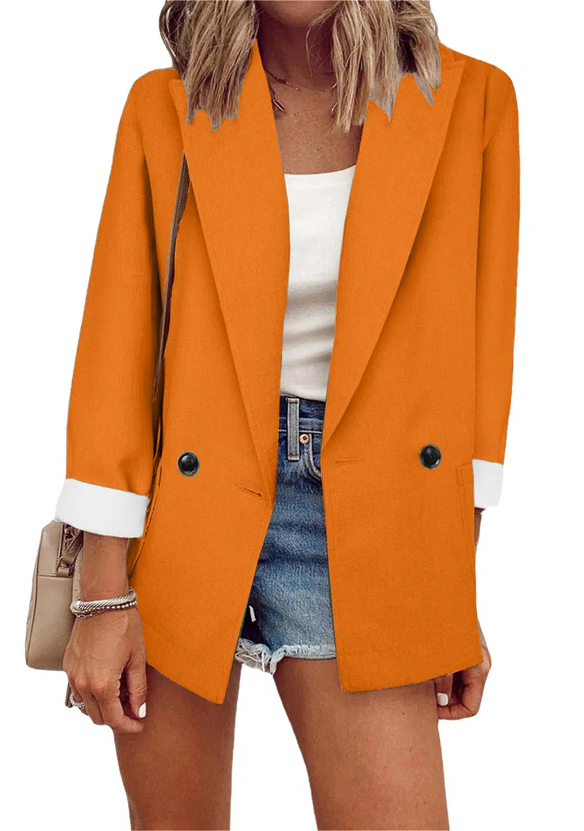 Damenmode Einfarbig Langarm Lässig Doppelknopf Blazer Revers Büro Arbeit Blazer