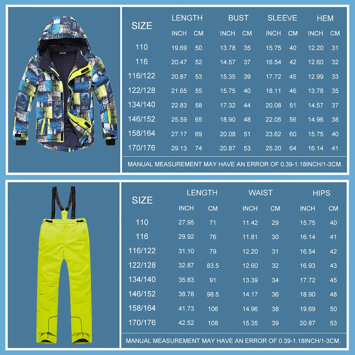 Kinder Jungen Skianzug 2 Teilig Skijacke + Skihose Winddicht Wasserdicht Schneeanzug mit Kapuze Verfickte Skianzüge Mädchen