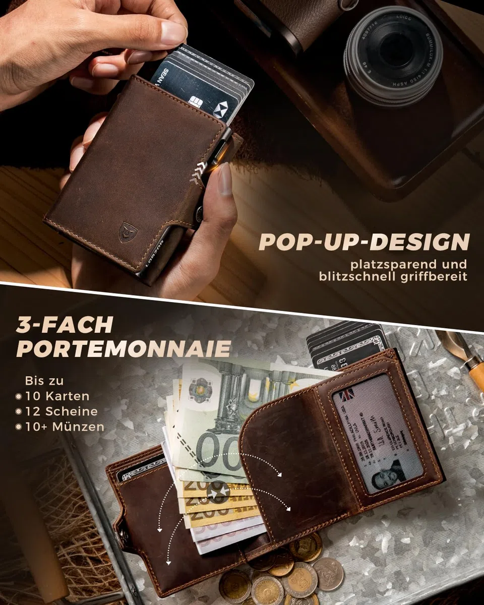 LORZOR Slim Wallet mit XXL-Münzfach für 10+ Münzen, Kartenetui Herren RFID Schutz, Echtleder Portmonee, Geldbörse Herren, Geldbeutel, Brieftasche, Smart Wallet, Kreditkartenetui für 10 Karten