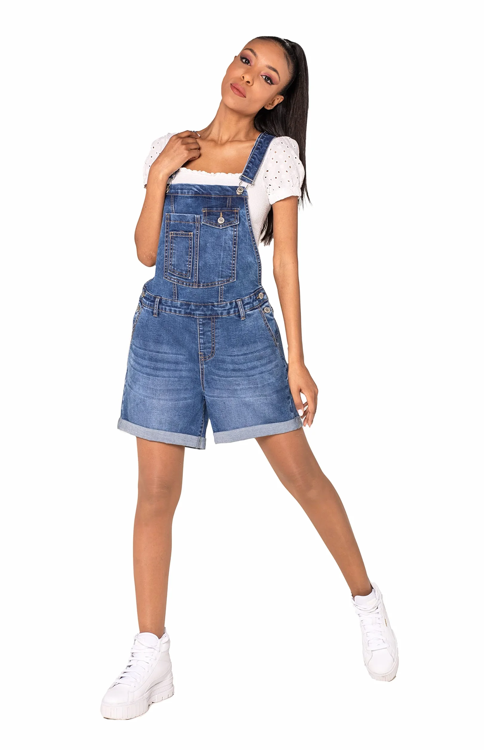 Nina Carter S511 Damen Jeans Latzshorts – Kurze Latzhose aus Denim mit Brusttaschen & Knöpfen – Sommer Overall im lässigen Look