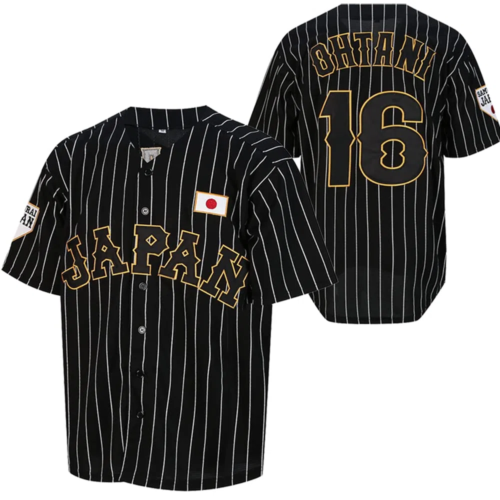 Herren Ohtani 16 Japan Baseball-Trikots in Weiß-Schwarz-Nadelstreifen