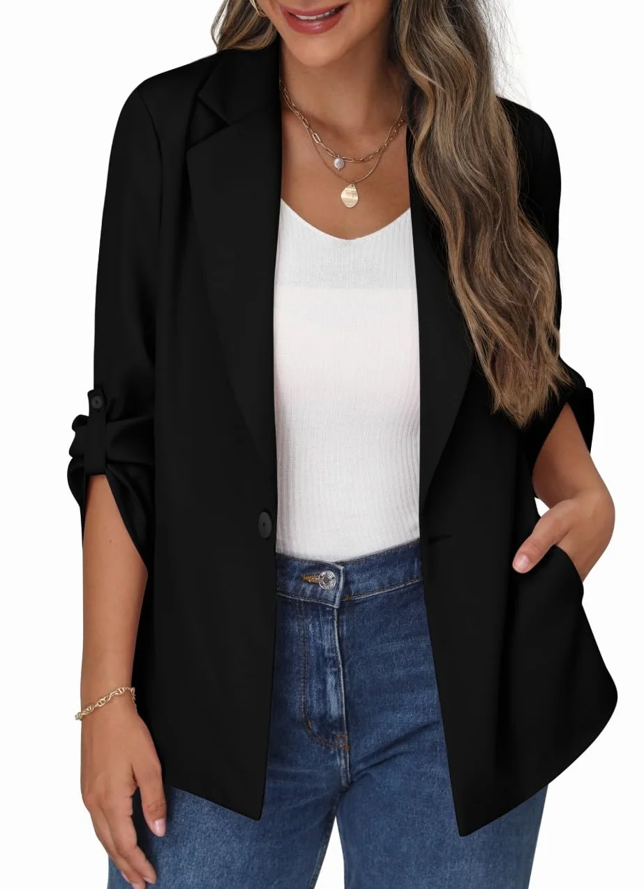 PrinStory Blazer Damen Büro Longblazer Verstellbare Ärmel Revers Blazer Sportlich Elegant Jack