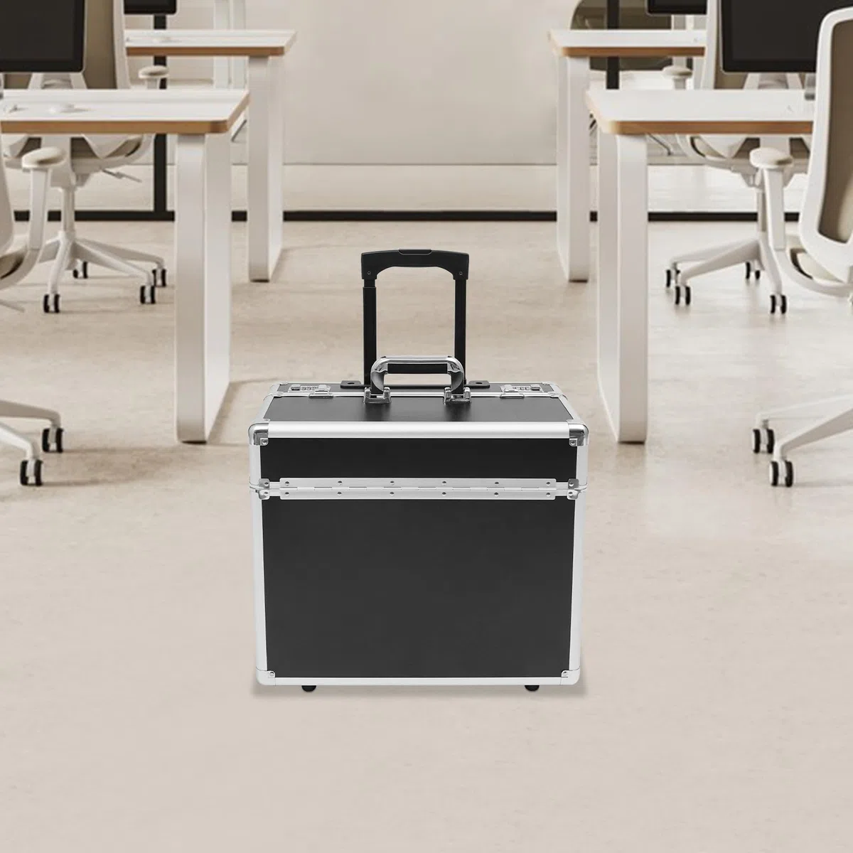Pilotenkoffer mit Rollen, Rollbarer Aktenkoffer aus Aluminiumlegierung, Laptop Rollkoffer mit Teleskopstang, Abschließbarer Business Trolley, 48.5x23x39 cm (Schwarz)