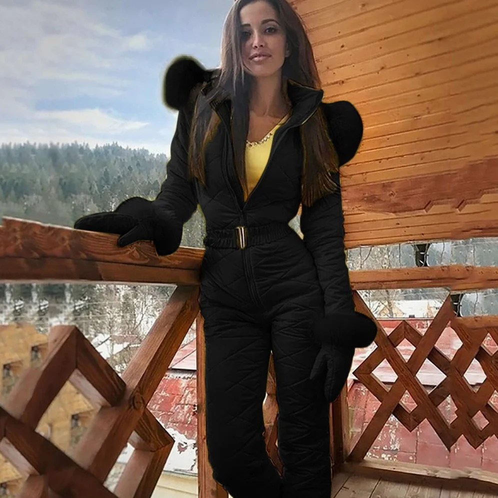 YueYue Damen Schneeanzug Einteiliger Skioverall Winter Warme Schnee Skifahren Sätze Outdoor Jumpsuit Langer Overall mit Kapuze Reißverschluss Skianzüge wasserdicht Einteiler Skisuit