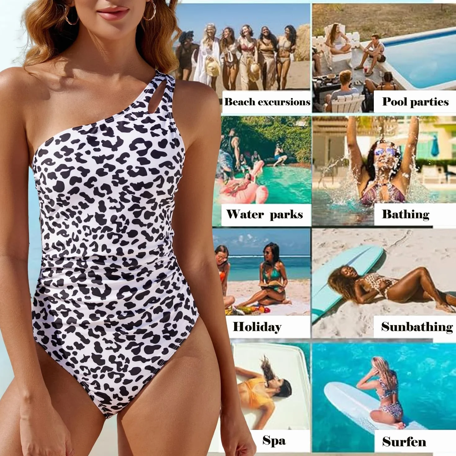 USUN Damen Badeanzug Push Up V Ausschnitt Schwimmanzug Einteilige Raffung Bauchweg Rückenfrei Monokinis Cut Out Retro Sexy Schlankheits Bademode high Waist Swimsuit