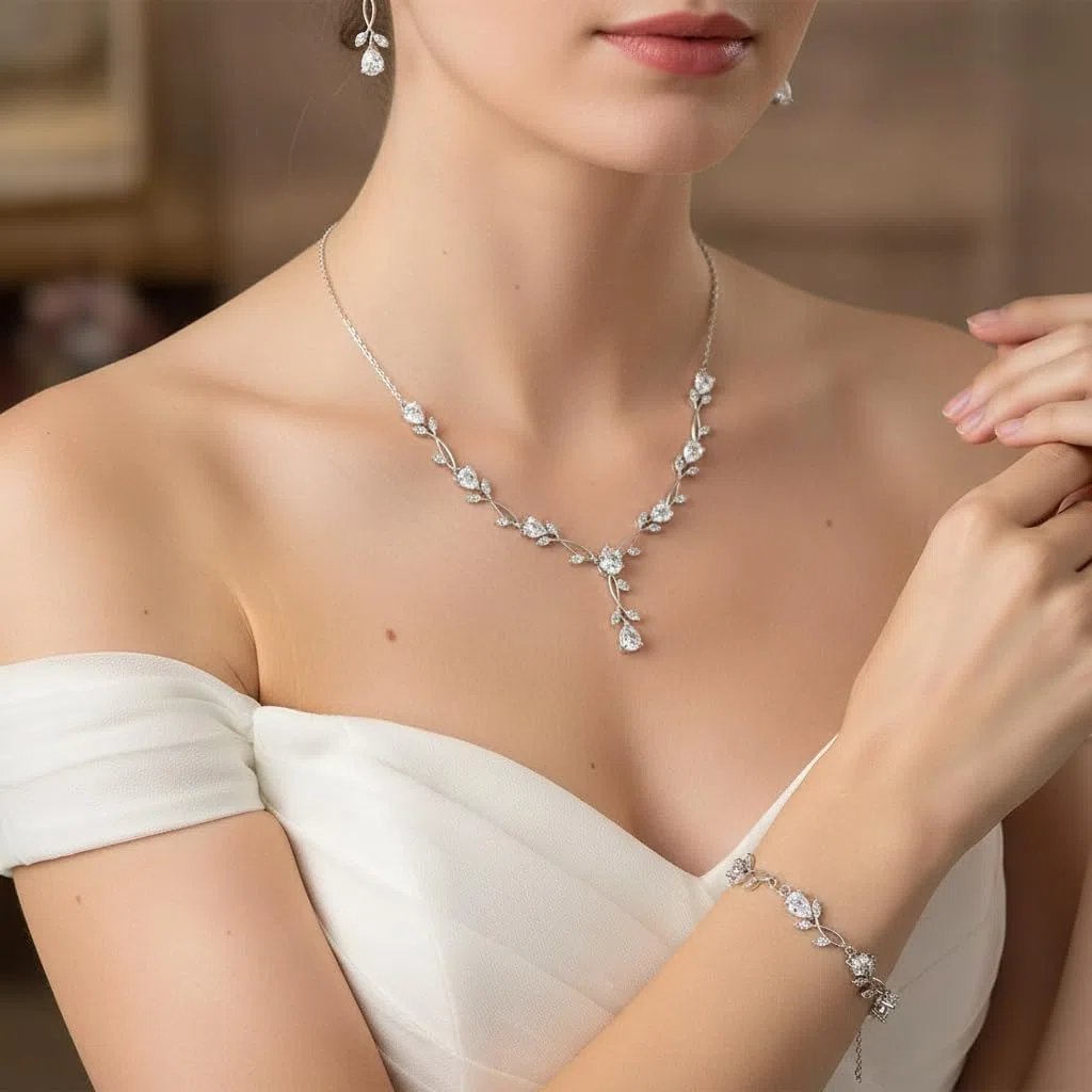 EVER FAITH Hochzeit Schmuckset für Braut Brautjungfer Teardrop Cubic Zirkonia Blatt Rebe Braut Prom Halskette baumeln Ohrringe Armband Set für Damen