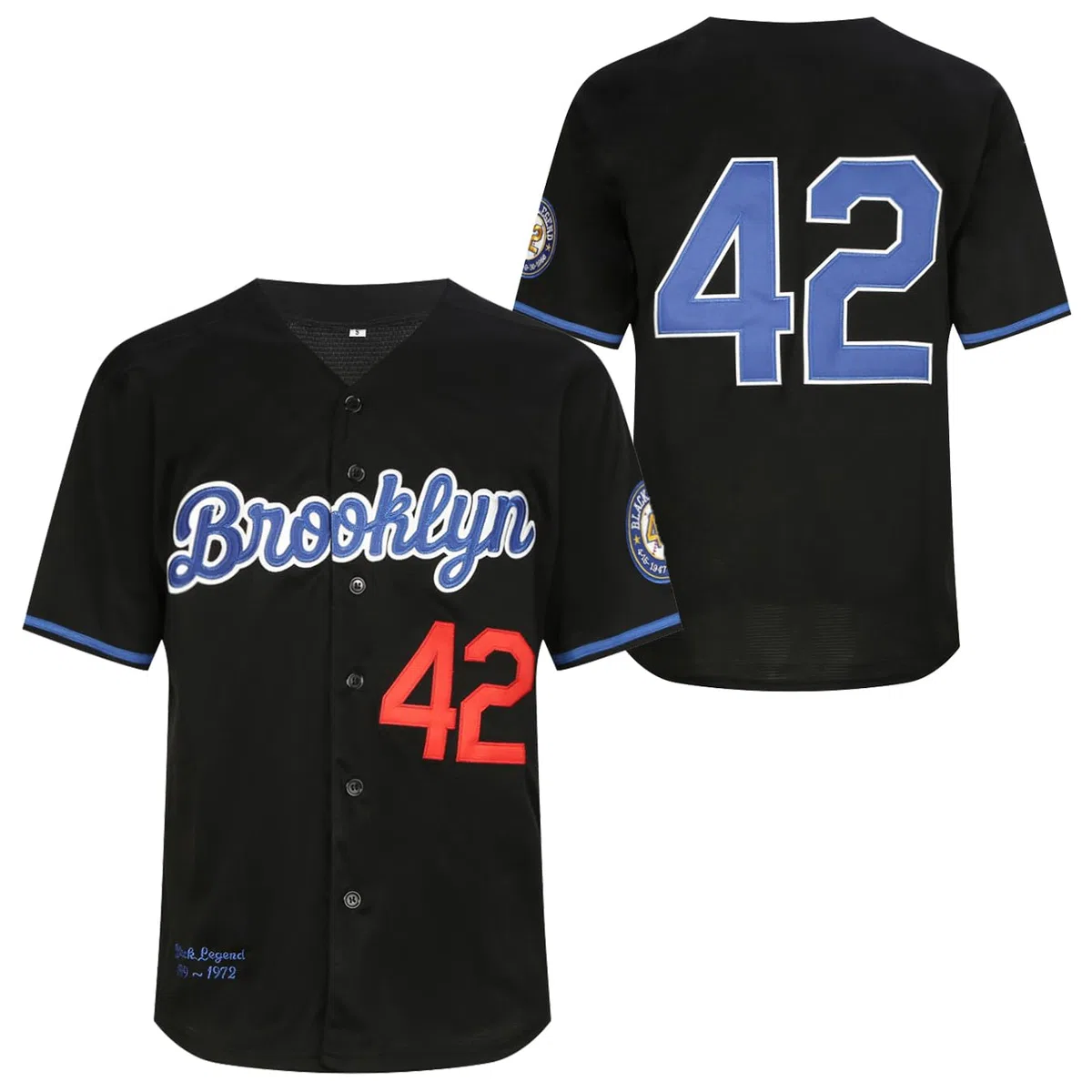 Herren Baseballtrikot, Schwarz, Legend, Nummer 42, Vintage-Stil, Bestickt, Retro-Lichtout-Trikot