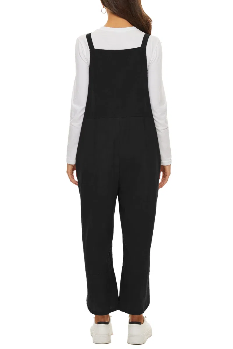 VEVESMUNDO Damen Latzhose Sommer Baggy Baumwolle Lang Elegant Retro Loose Breite Beine Jumpsuit Playsuit Overall Dungarees Hosen mit Taschen 34 36 38 40 42 44 46 48 50
