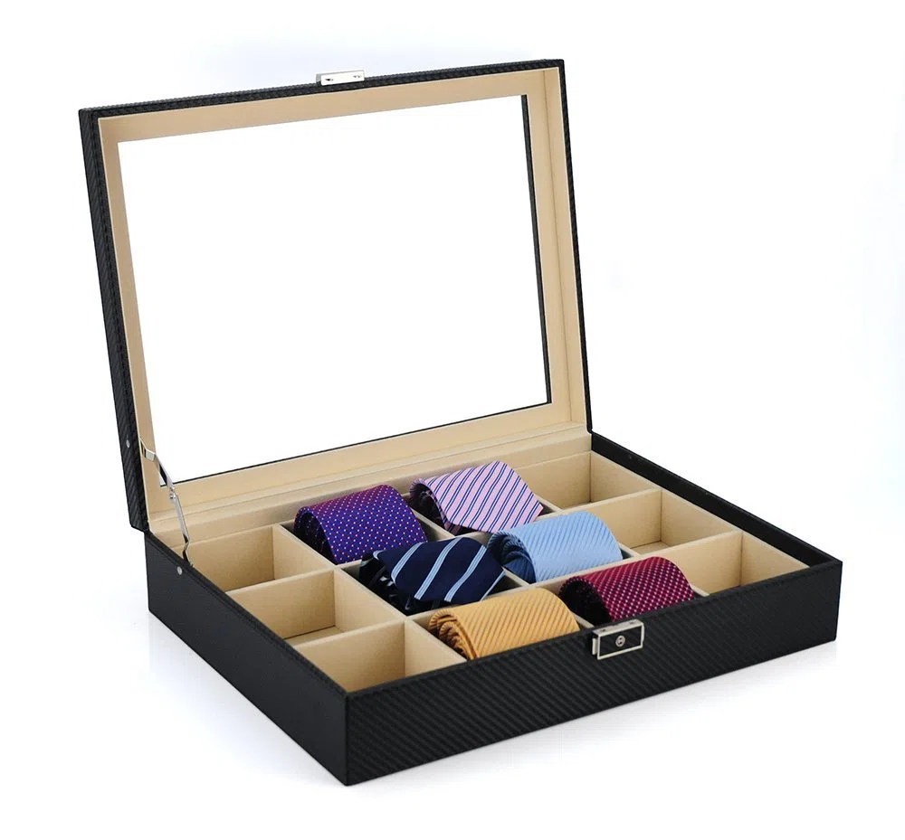 TIMELYBUYS Aufbewahrungsbox für Krawatten, für 12 Krawatten, Gürtel und Herrenzubehör, schwarze Kohlefaser, Aufbewahrungsbox zum Vatertag