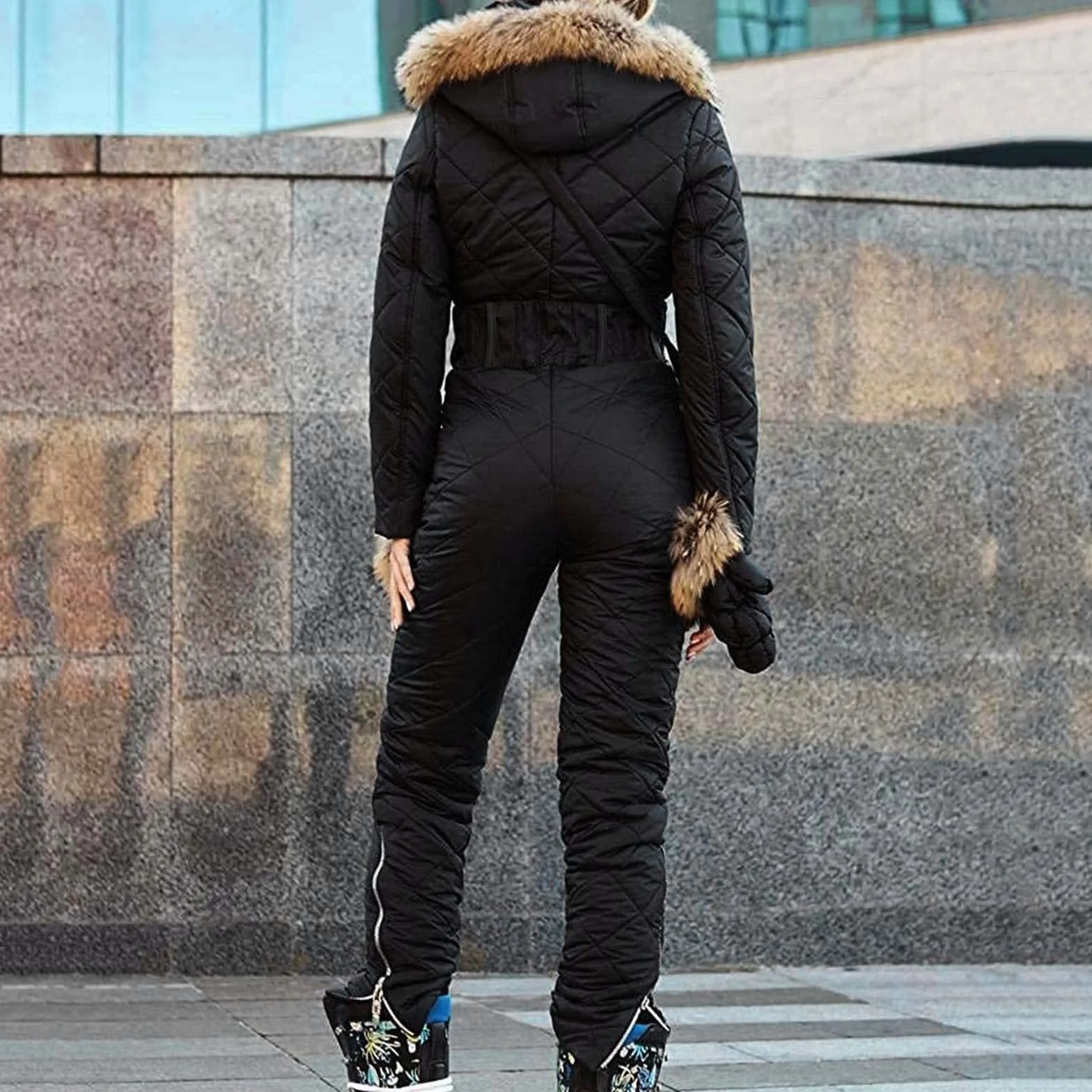 Damen Schneeoverall - Damen Schneeanzug + Skihandschuhe + Gürteltasche 3 teilig Skianzug Winter Warme Jumpsuit Schneeoverall Einteilig Skioverall mit Kapuze Reißverschluss Skianzüge