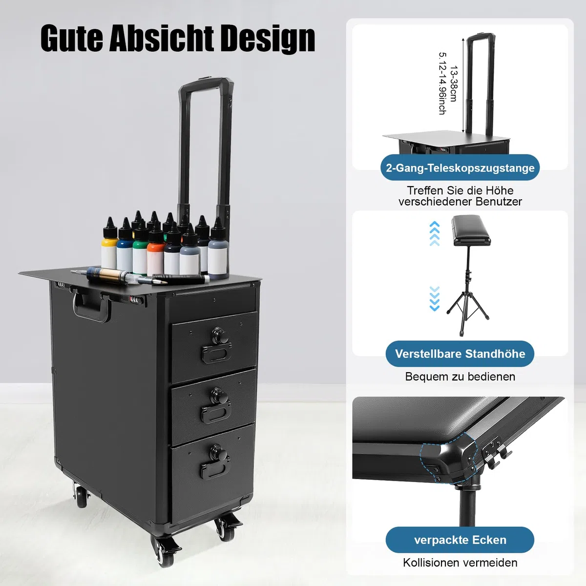 Kosmetikkoffer Trolley mit 3 Schubladen, Beauty Case für Make-up & Friseur | Höhenverstellbarer Trolleygriff & Universalrollen, Integriertes Zahlenschloss für mehr Sicherheit, 20 kg Tragkraft