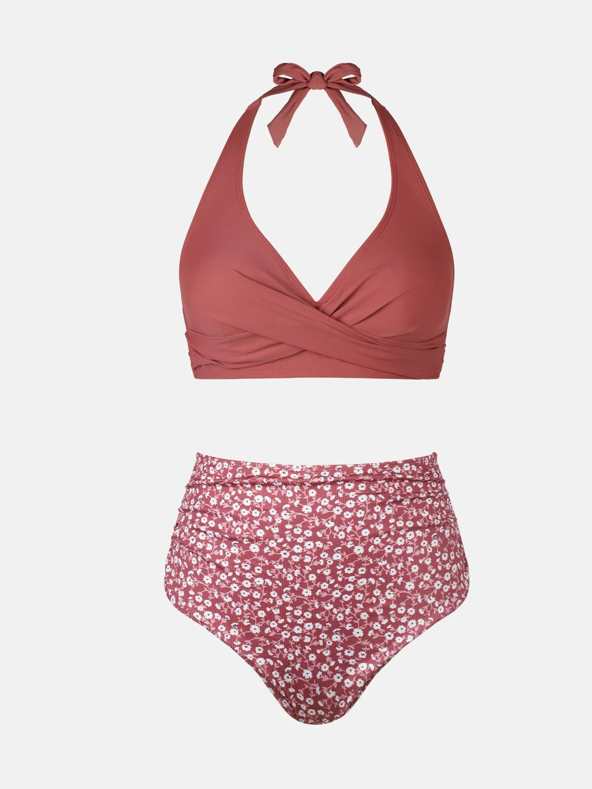 CUPSHE Damen Bikini Set V Ausschnitt Neckholder Wickeloptik High Waist Bikini Bademode Blumenmuster Zweiteiliger Badeanzug Swimsuit