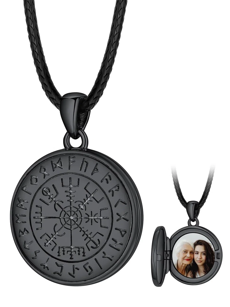 FaithHeart Personalisierter Kette Foto Medaillon Herren Damen 925 Silberkette/Kupferkette Wikinger Mjölnir Halskette mit Rune/Vegvisir/Keltisch Schmuck für Geburtstag Weihnachten