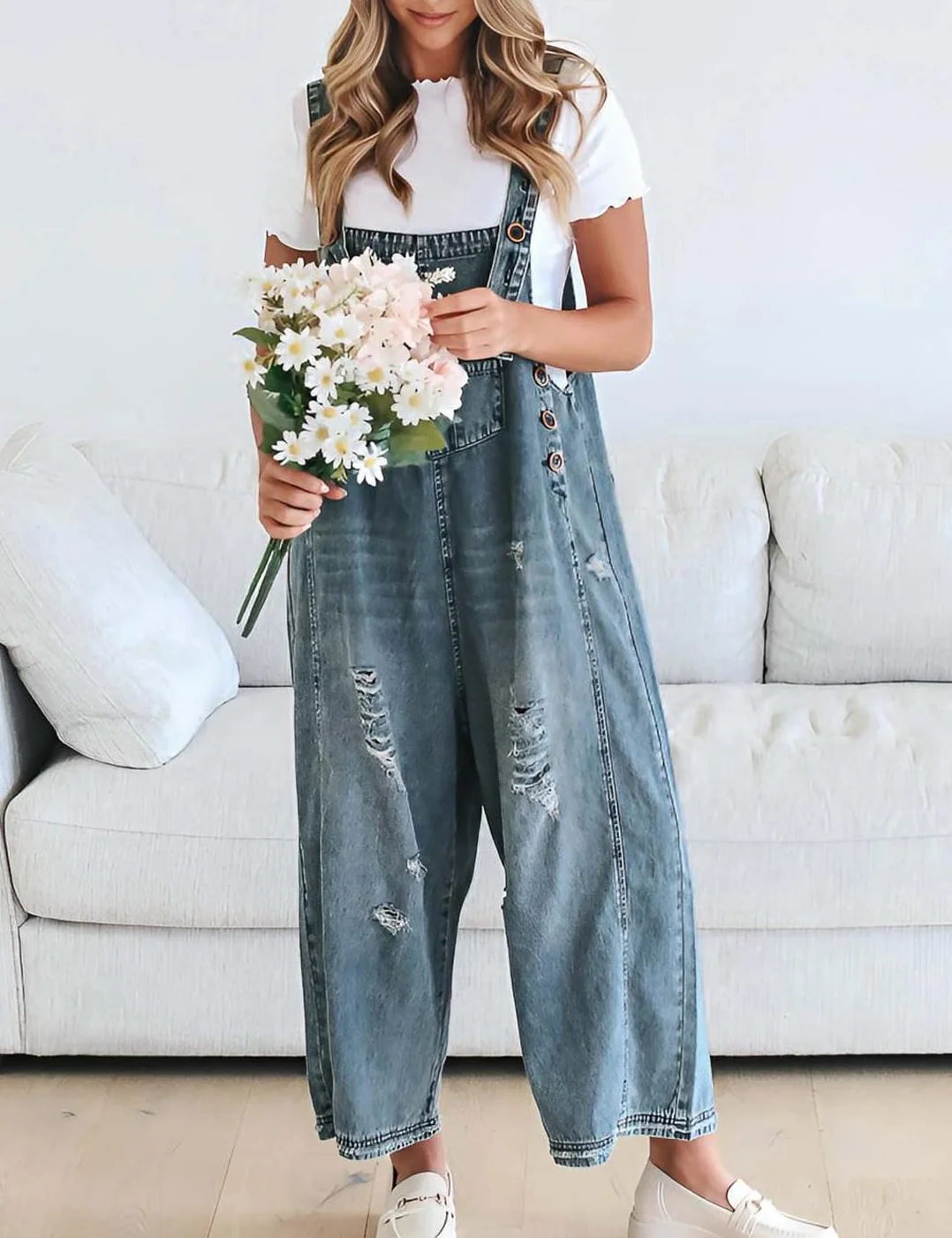 Damen Vintage Casual Denim Jean Overalls Lose Distressed Bib Latzhose Verstellbare Baggy Harem Romper Jumpsuit Hosen