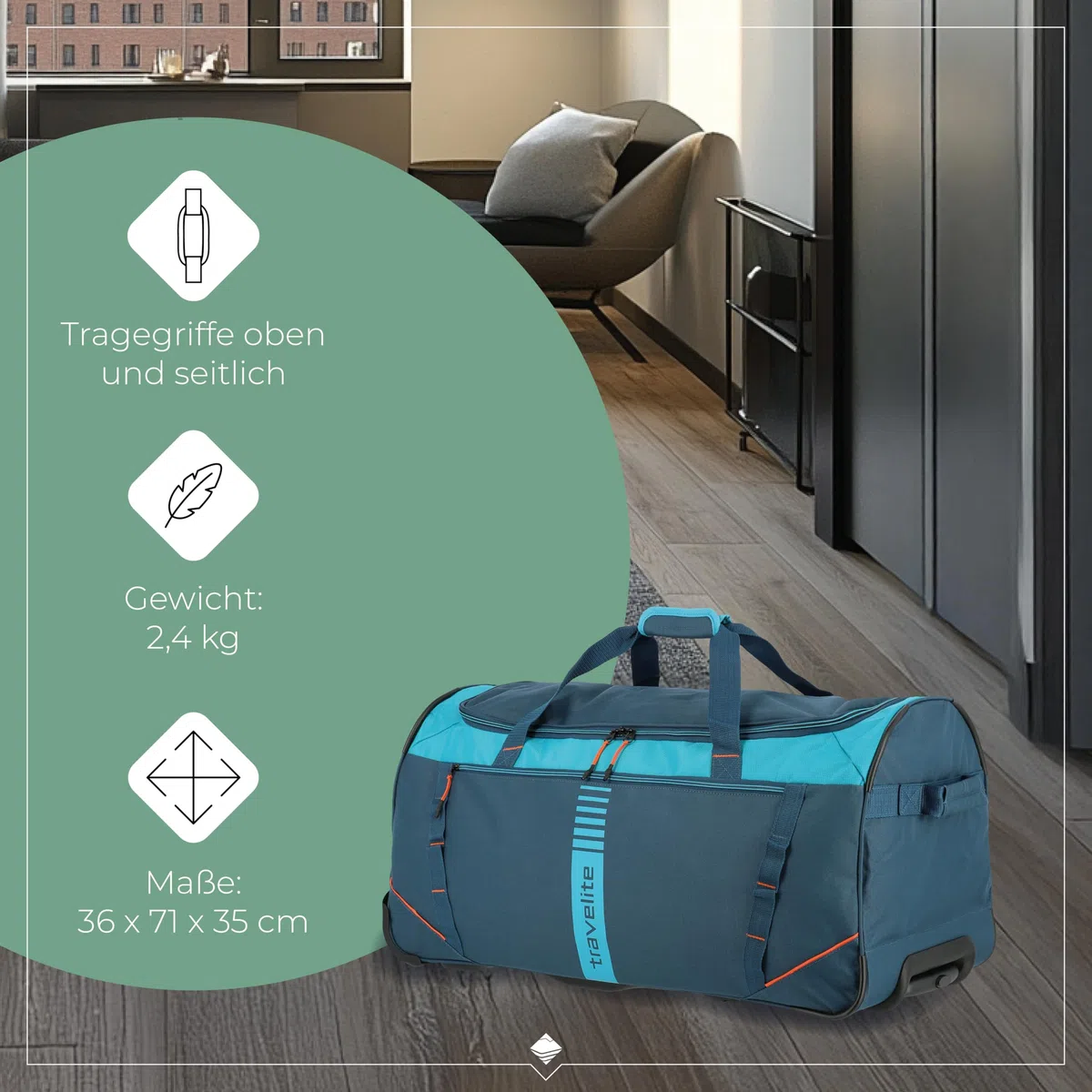 travelite Trolley Reisetasche mit Rollen, Sporttasche Basics Active, große Rolltasche im frischen Design, 71 cm, 86 Liter