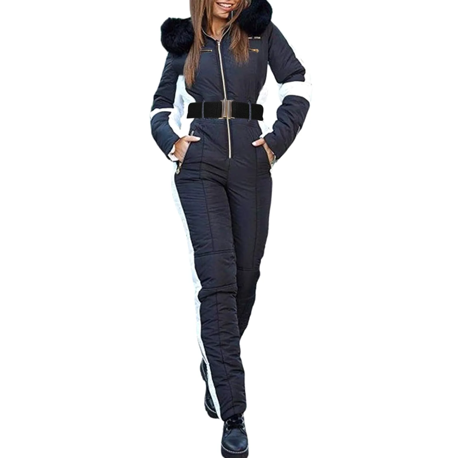 Sport Overall Damen Scrunch Skianzug Damen Einteiler Lang Schneeanzug Slim Fit Mit Gürtel Skianzug Langarm Patchwork Schneeoverall Atmungsaktiv Wasserdicht Jumpsuit Winddicht Warm Skioverall