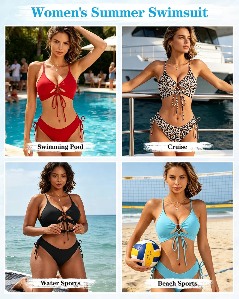 HORISUN Sexy Bikini-Sets für kurvige Damen 2-teiliger Cut-Out-Badeanzug mit hohem Beinausschnitt, Kordelzug & verstellbaren Bindebändern