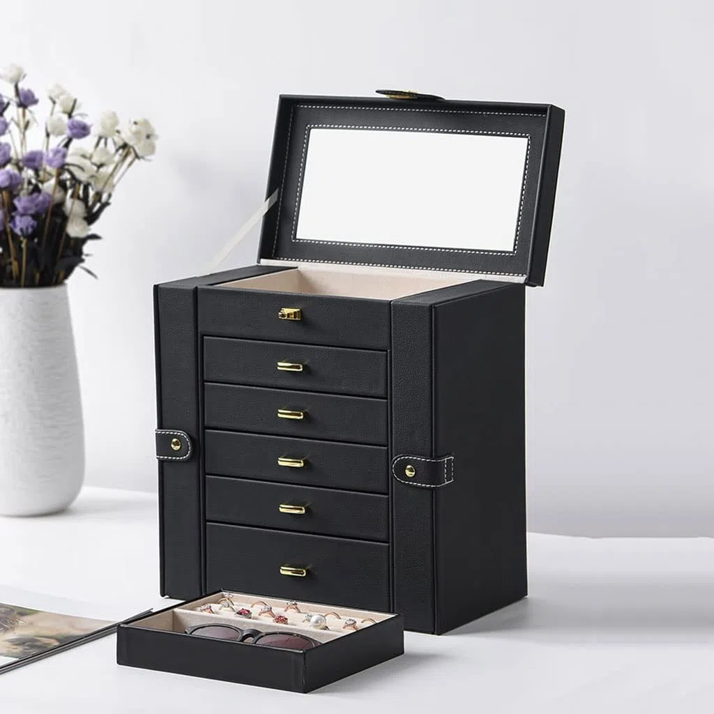 Schmuckbox Schmuckkästchen Schmuckschatulle Große Schmuckkiste 6-Schicht mit 5 Schubladen Pu. Leder Schmuck Organizer Lagerung mit Spiegelschmuck Fall for Frauen Mädchen Geschenk Schmuckkasten Schmuck