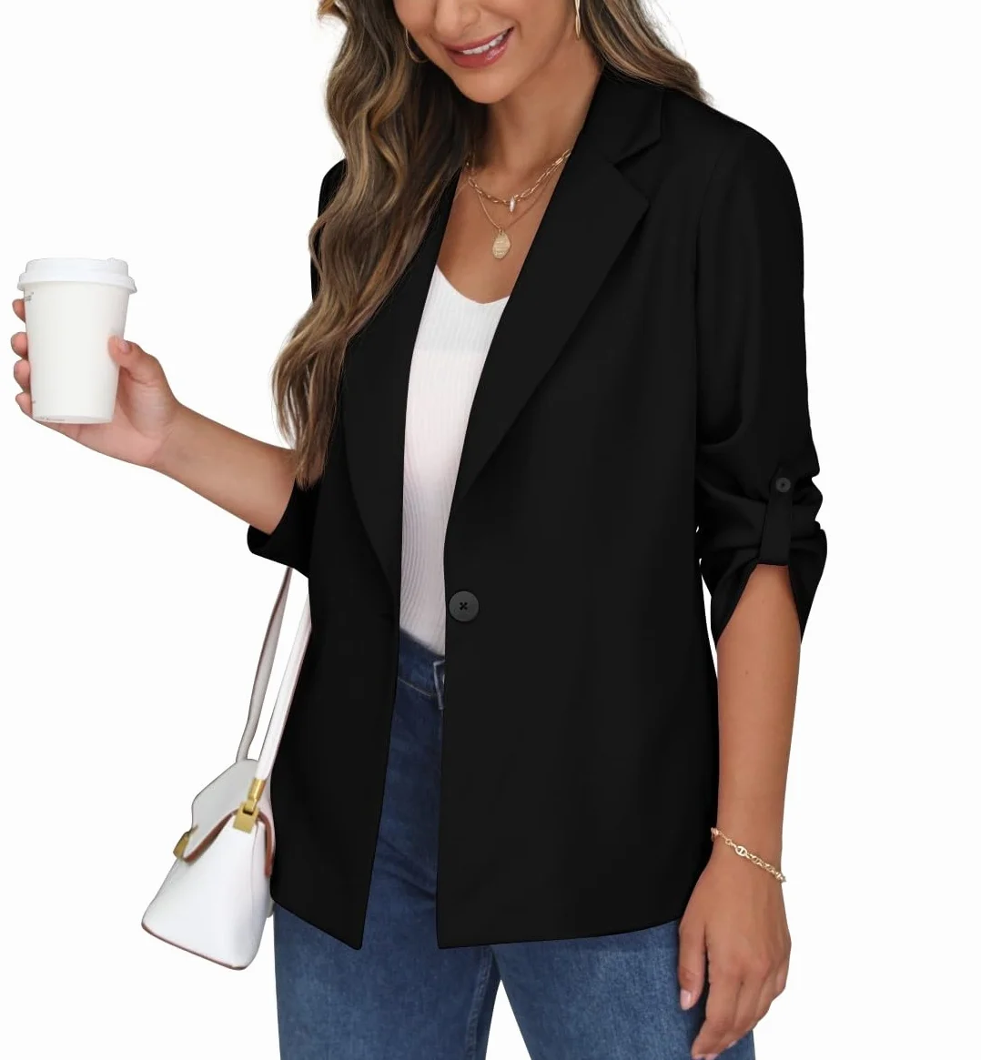 PrinStory Blazer Damen Büro Longblazer Verstellbare Ärmel Revers Blazer Sportlich Elegant Jack